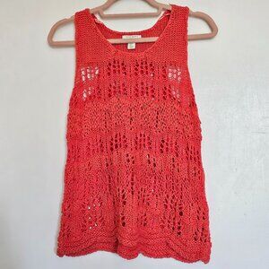 Saint Tropez West Cotton Linen Blend Sleeveless Crochet Tank Top Blouse, S Coral